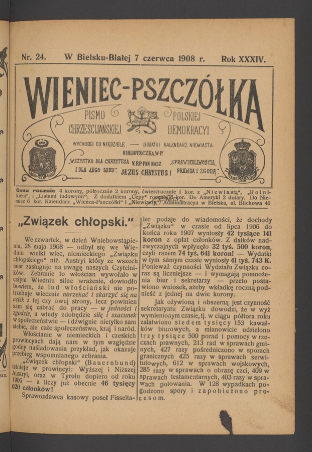 Wieniec-Pszcz&oacute;łka&nbsp;: pismo polskiej chrześcijańskiej demokracyi. Rok&nbsp;34, 1908, numer&nbsp;24