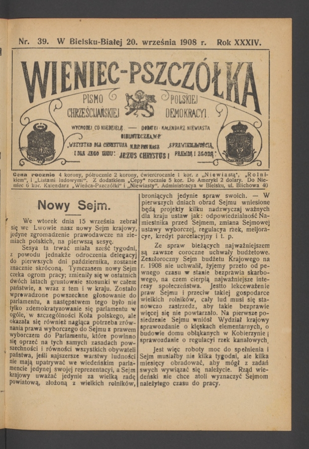 Wieniec-Pszcz&oacute;łka&nbsp;: pismo polskiej chrześcijańskiej demokracyi. Rok&nbsp;34, 1908, numer&nbsp;39