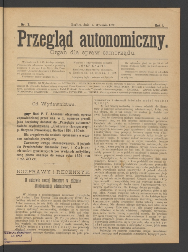 Przegląd Autonomiczny&nbsp;: organ dla spraw samorządu. Rok&nbsp;1, 1891, numer&nbsp;3