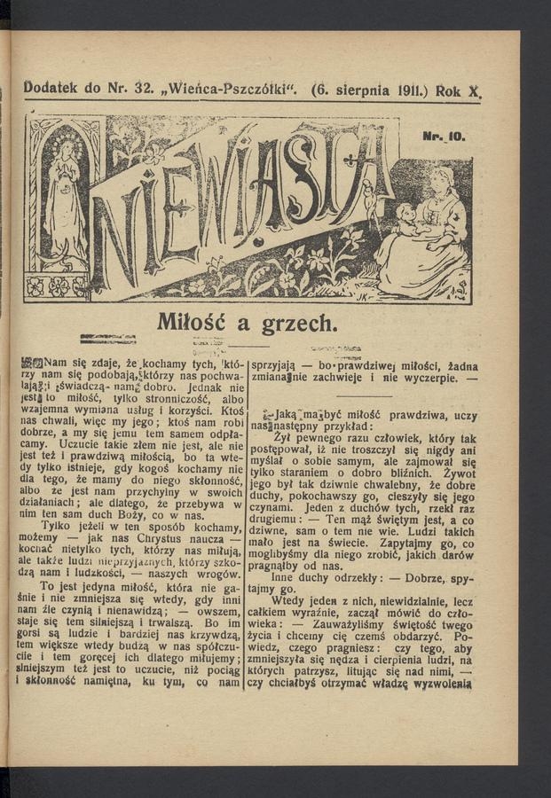 Niewiasta : dodatek do numeru&nbsp;32&nbsp;&bdquo;Wieńca-Pszcz&oacute;łki&rdquo;. Rok&nbsp;11, 1911, numer&nbsp;10