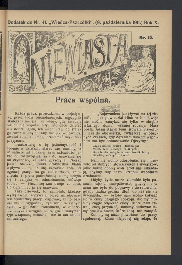 Niewiasta : dodatek do numeru&nbsp;41&nbsp;&bdquo;Wieńca-Pszcz&oacute;łki&rdquo;. Rok&nbsp;11, 1911, numer&nbsp;15