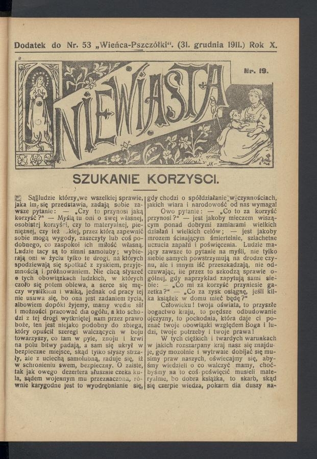 Niewiasta : dodatek do numeru&nbsp;53&nbsp;&bdquo;Wieńca-Pszcz&oacute;łki&rdquo;. Rok&nbsp;11, 1911, numer&nbsp;19