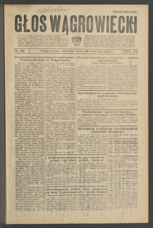 Głos Wągrowiecki. Rok 8, 1933, numer 38