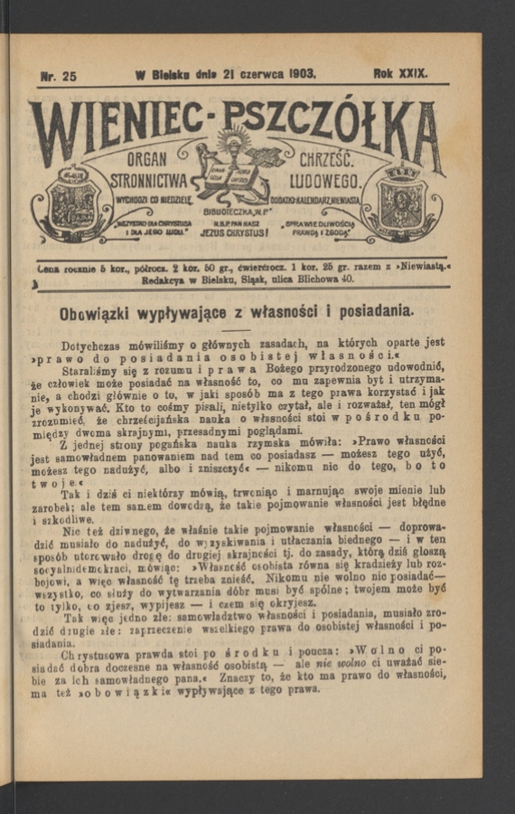 Wieniec-Pszcz&oacute;łka&nbsp;: organ Stronnictwa Chrześcijańsko-Ludowego. Rok&nbsp;29, 1903, numer&nbsp;25