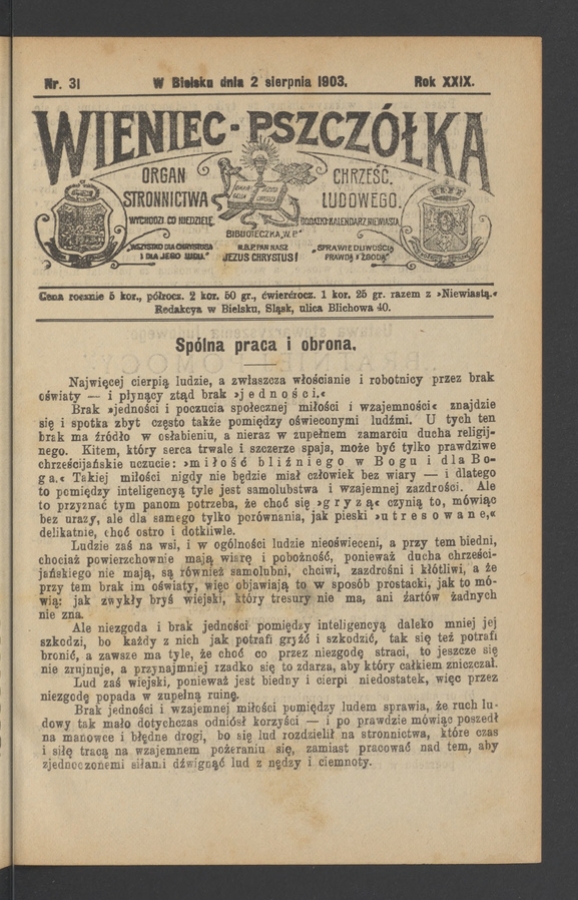 Wieniec-Pszcz&oacute;łka&nbsp;: organ Stronnictwa Chrześcijańsko-Ludowego. Rok&nbsp;29, 1903, numer&nbsp;31