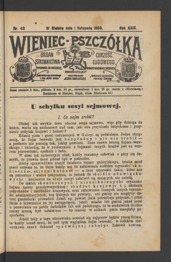 Wieniec-Pszcz&oacute;łka&nbsp;: organ Stronnictwa Chrześcijańsko-Ludowego. Rok&nbsp;29, 1903, numer&nbsp;42
