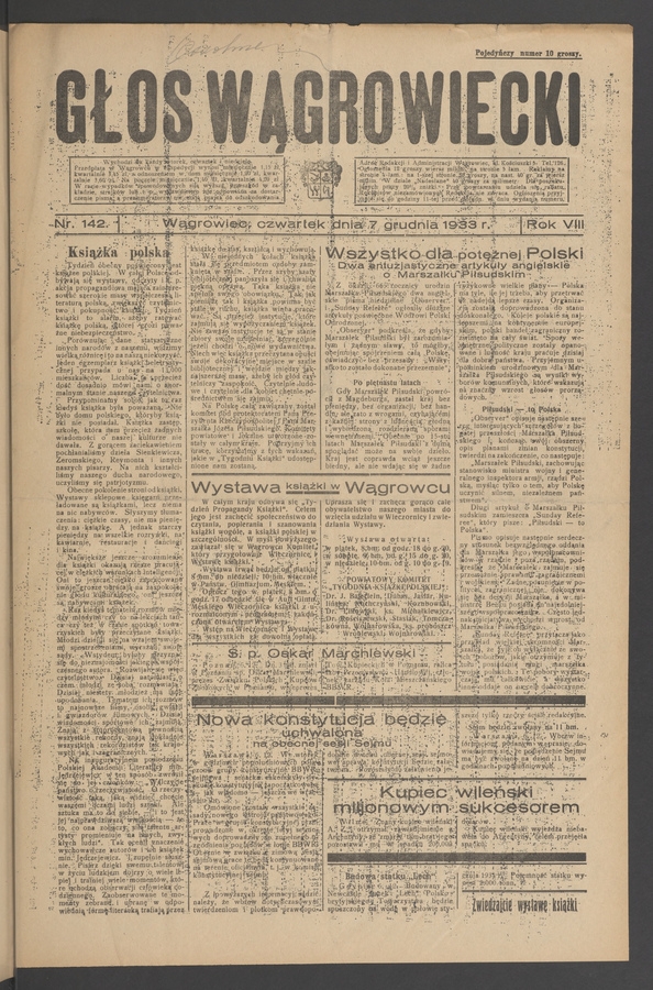 Głos Wągrowiecki. Rok&nbsp;8, 1933, numer&nbsp;142