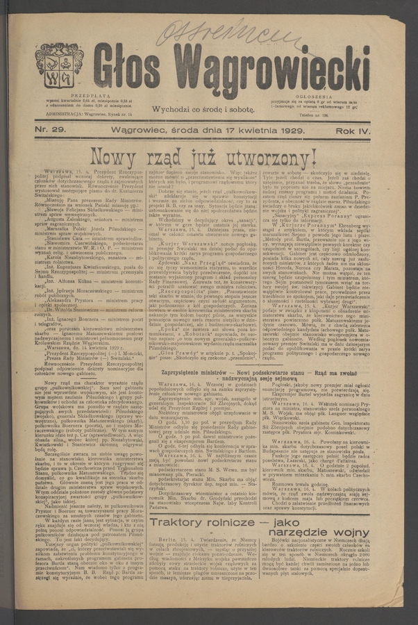 Głos Wągrowiecki. Rok&nbsp;4, 1929, numer&nbsp;29