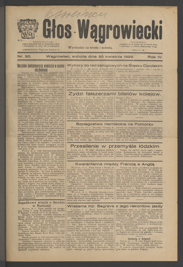 Głos Wągrowiecki. Rok 4, 1929, numer 30