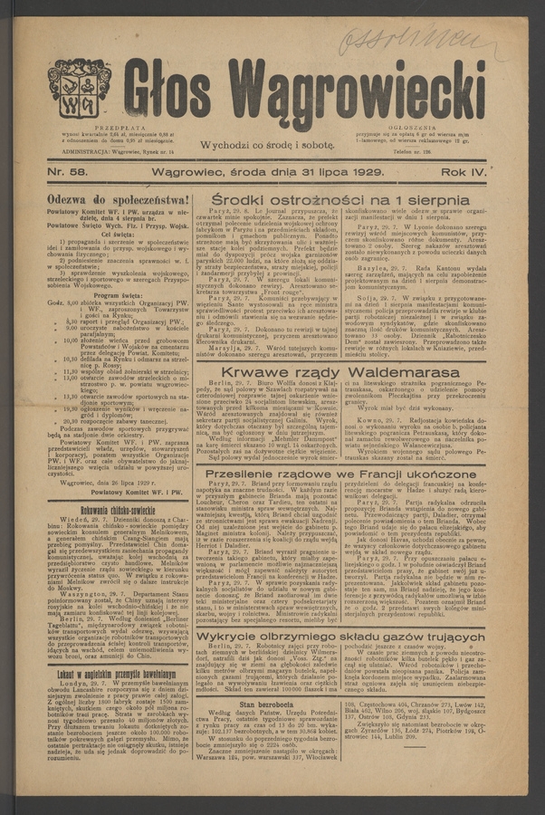 Głos Wągrowiecki. Rok&nbsp;4, 1929, numer&nbsp;58