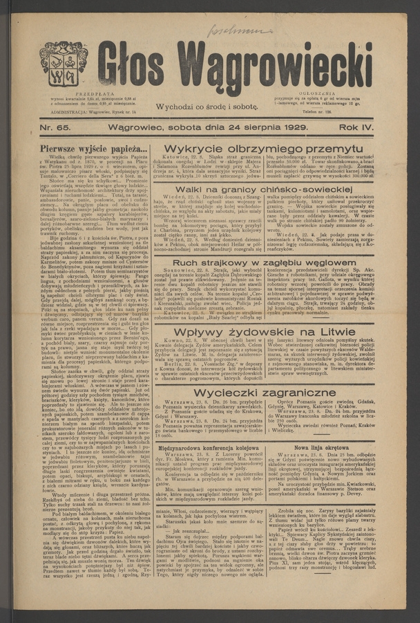 Głos Wągrowiecki. Rok&nbsp;4, 1929, numer&nbsp;65