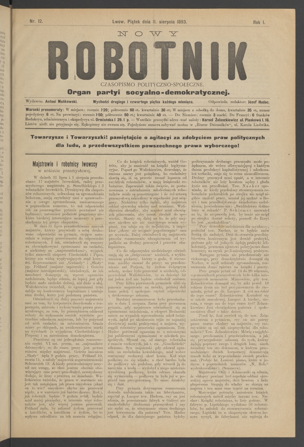 Nowy Robotnik&nbsp;: czasopismo polityczno-społeczne&nbsp;: organ partyi socyalno-demokratycznej. Rok&nbsp;1, 1893, numer&nbsp;12