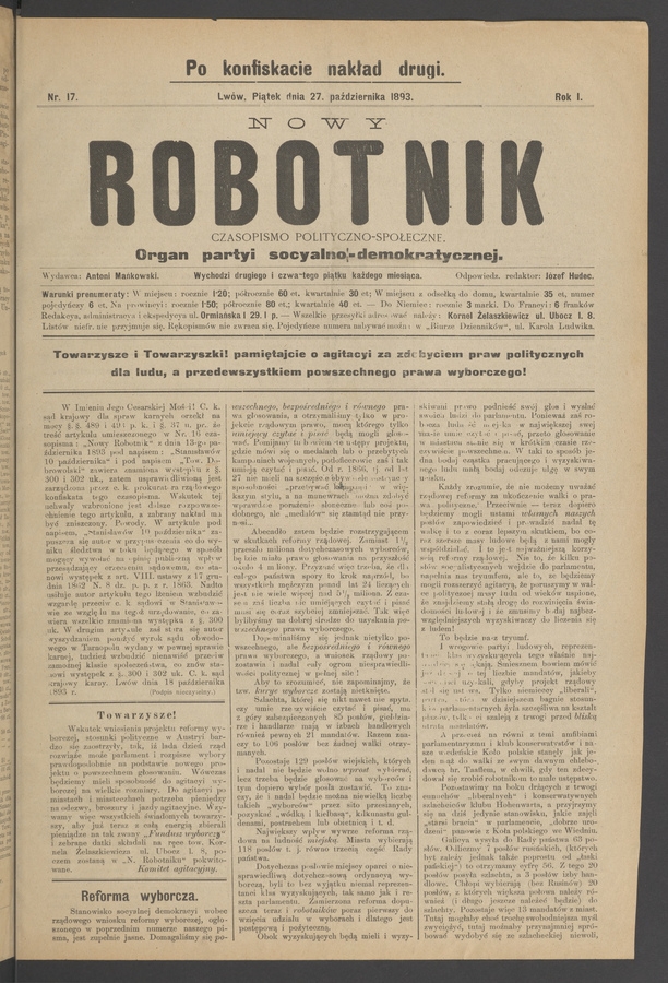 Nowy Robotnik&nbsp;: czasopismo polityczno-społeczne&nbsp;: organ partyi socyalno-demokratycznej. Rok&nbsp;1, 1893, numer&nbsp;17 (po&nbsp;konfiskacie nakład drugi)