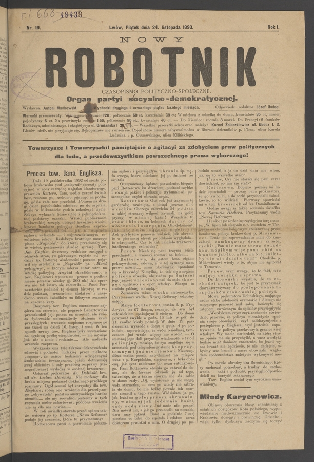 Nowy Robotnik&nbsp;: czasopismo polityczno-społeczne&nbsp;: organ partyi socyalno-demokratycznej. Rok&nbsp;1, 1893, numer&nbsp;19