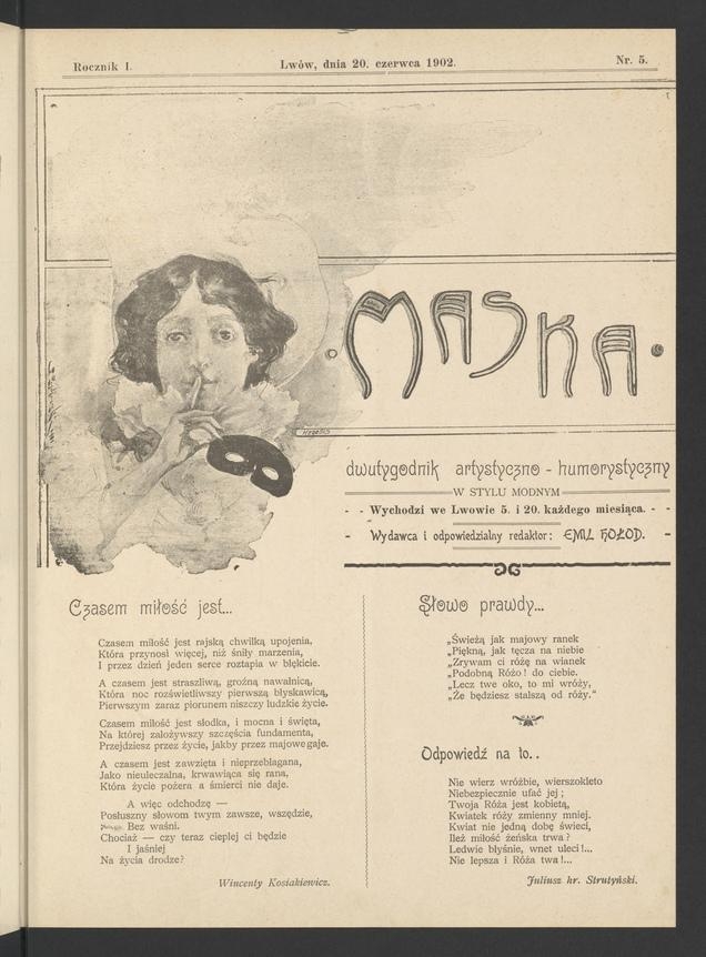 Maska&nbsp;: dwutygodnik artystyczno-humorystyczny w&nbsp;stylu modnym. Rocznik&nbsp;1, 1902, numer&nbsp;5