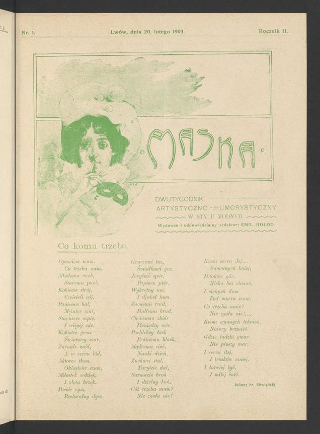 Maska&nbsp;: dwutygodnik artystyczno-humorystyczny w&nbsp;stylu modnym. Rocznik&nbsp;2, 1903, numer&nbsp;1
