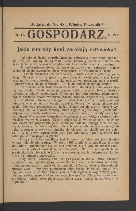 Gospodarz&nbsp;: dodatek do&nbsp;numeru&nbsp;48 &bdquo;Wieńca-Pszcz&oacute;łki&rdquo;. 1905, numer&nbsp;11